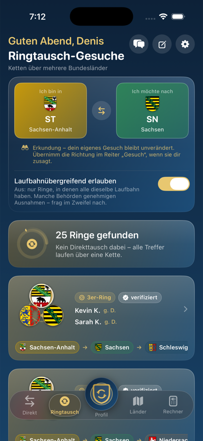 Ringtausch-Ergebnis in der App
