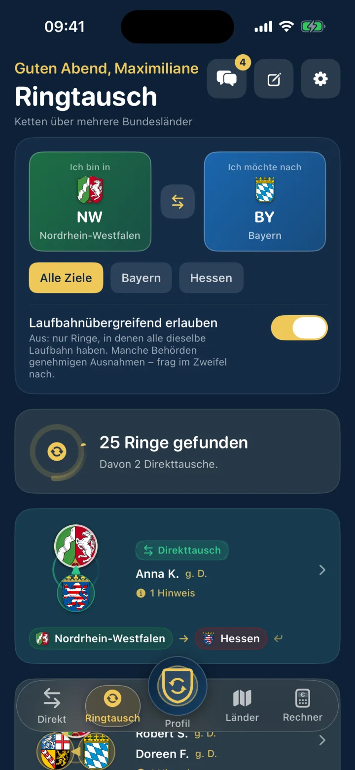 Ringtausch-Übersicht mit gefundenen Ringen