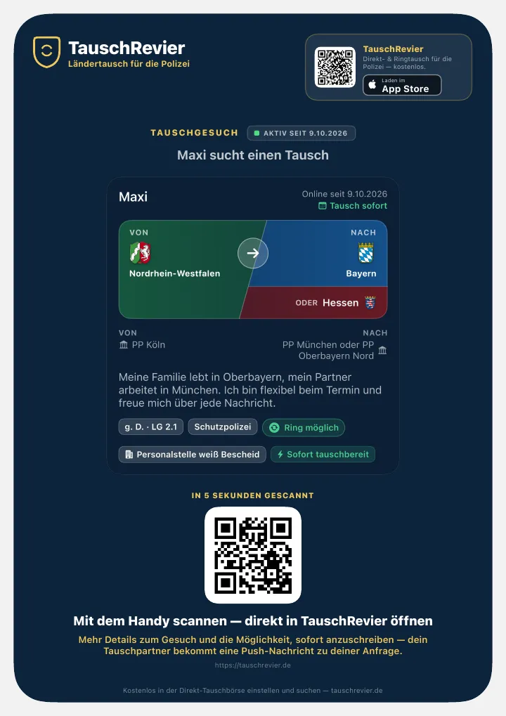 Aushang aus der TauschRevier-App: Tauschgesuch Nordrhein-Westfalen nach Bayern oder Hessen mit QR-Code